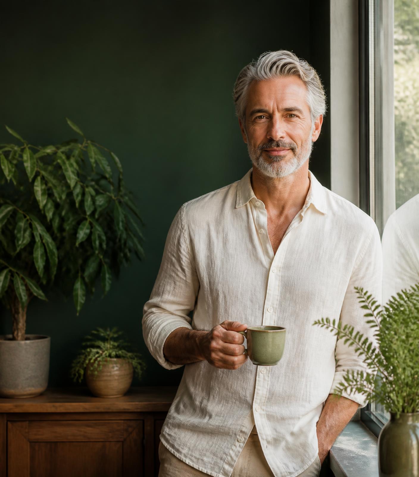 Dr. Timothy Carpenter in a relaxed, sunlit setting holding a coffee mug