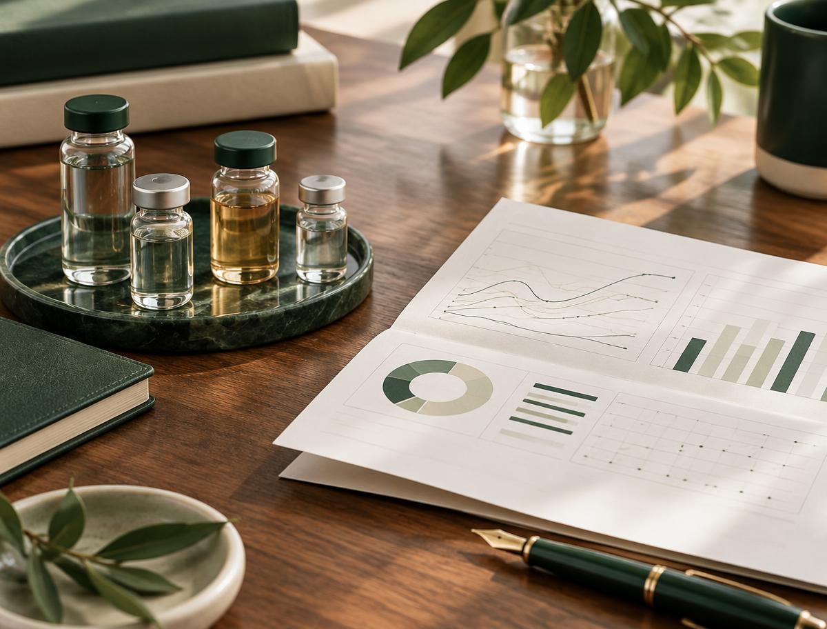 Laboratory vials and an abstract health report on a walnut desk