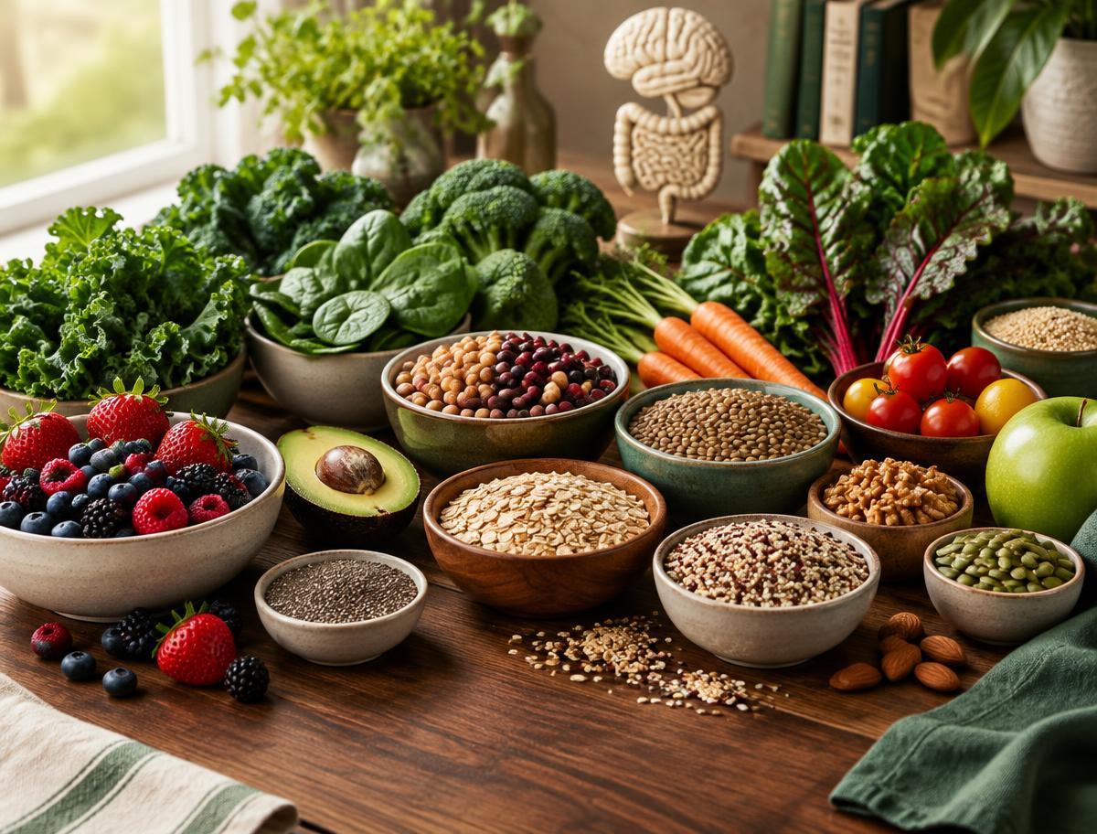 Whole foods associated with a varied, fiber-rich diet arranged on a walnut table