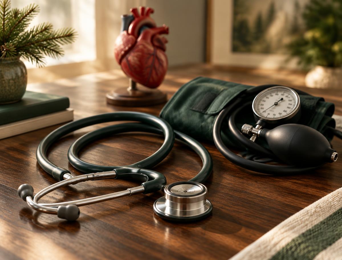 Stethoscope, blood pressure cuff and anatomical heart model on walnut wood
