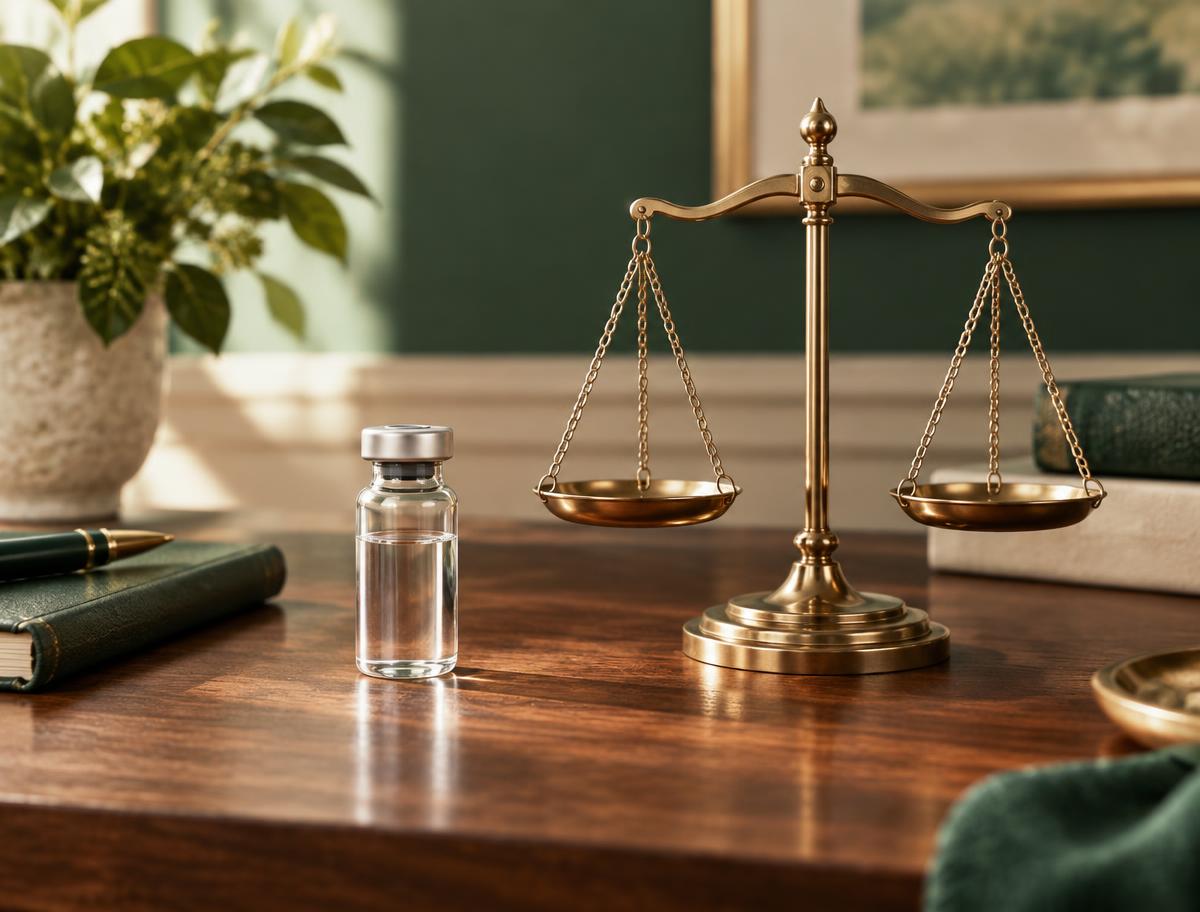 A clear vial and brass balance scale on a walnut desk