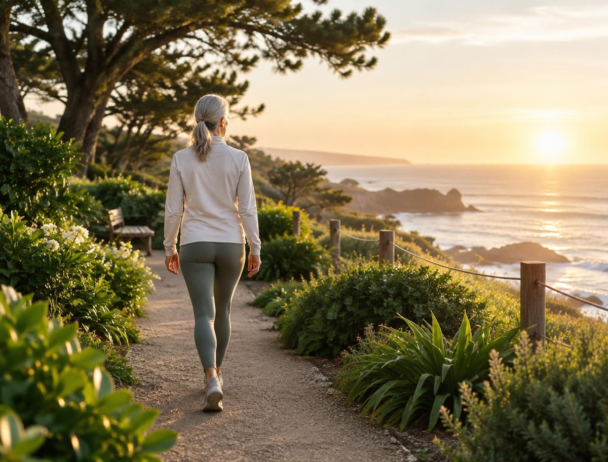 An active older adult walking along a coastal garden path at sunrise
