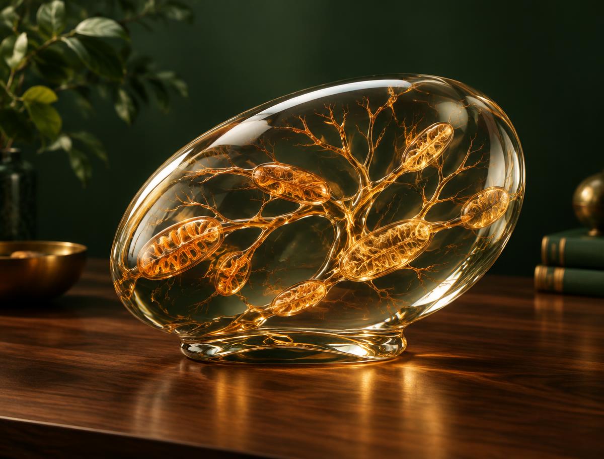 Glowing cellular forms suspended within an amber glass sculpture